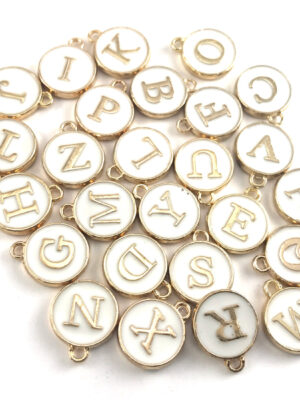 White Enamel Letter Pendant Charms, Full Alphabet, 2 Sided, 14mm